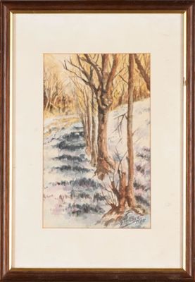 une image représentant une aquarelle d'arbres dans un paysage enneigé