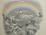 a drawing of angels and a rainbow in the sky