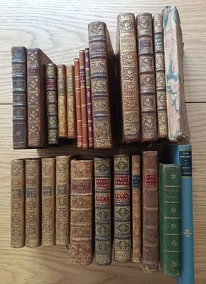 a lot of old books on a shelf on the table