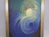 tableau représentant un tourbillon bleu et jaune dans un cadre doré, sur fond blanc