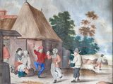 a painting of a group of people outside of a building