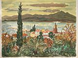 painting of a view of a town and a body of water with mountains in the background