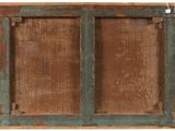 a close up of an old wooden window with a green frame