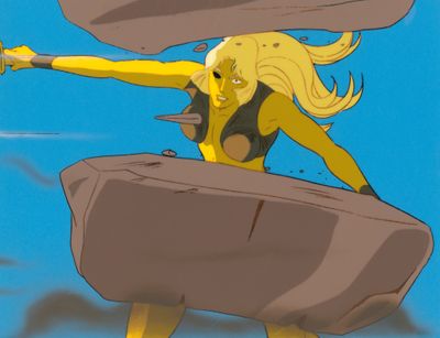 une image représentant une femme vêtue d'une tenue jaune tenant une épée