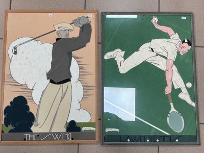 deux tableaux représentant un homme jouant au golf et une femme maniant une raquette de tennis