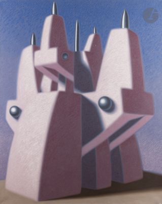 a painting of a pink sculpture with spikes on top of it