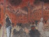 un tableau représentant des personnes marchant dans une rue, avec une tour horloge en arrière-plan