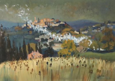 une peinture à l'huile représentant un paysage avec un village au loin