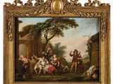 une peinture à l'huile représentant un groupe de personnes dans un cadre boisé