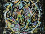tableau représentant une peinture abstraite d'un cercle sur lequel sont inscrits des mots
