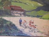 a painting of a man and two cows on a dirt road