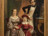 un vieux tableau représentant un homme, une femme et un enfant
