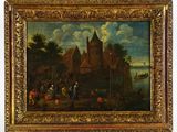 an oil painting of a village scene with a castle in the background