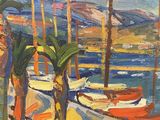 painting of boats in a harbor with palm trees and mountains in the background