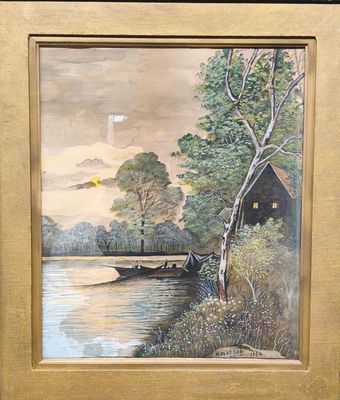 a picture of a painting of a boat on the water