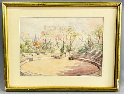 a picture of a painting of a park with benches