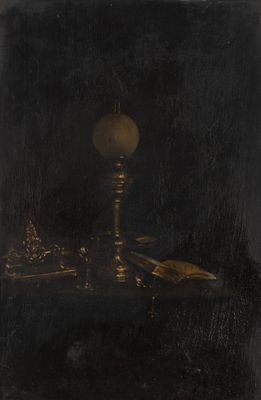 an oil painting of a candle and a book on a table