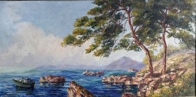 a painting of a boat on the water near a tree