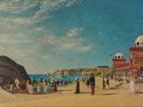 tableau représentant une scène de plage avec des personnes sur le sable et un bâtiment en arrière-plan