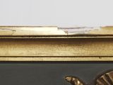 a picture of a gold and black picture of a bird