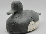 un canard noir et blanc posé sur une table