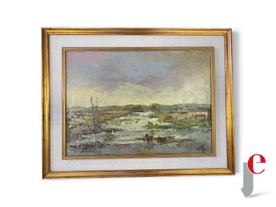 an image of a painting of a landscape with a river in the foreground