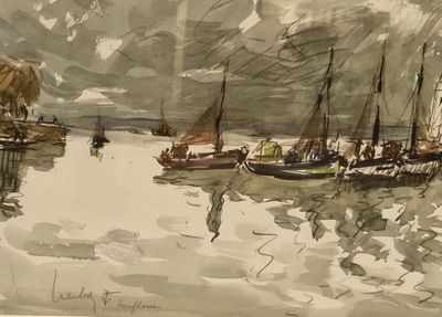 a painting of a group of boats on a body of water
