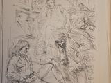 drawing of a group of people sitting on the floor in a room