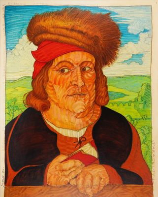 a painting of a man with a red hat and a red scarf