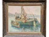 une peinture à l'huile représentant un bateau sur l'eau avec des personnes à bord