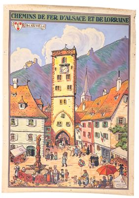 a picture of a painting of a town with a clock tower
