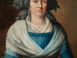 a painting of a woman in a blue dress holding a book