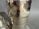 a silver cup sitting next to a silver shaker on a table
