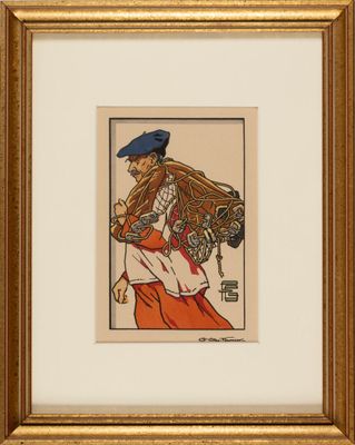 an image of a painting of a man in a blue hat and red pants
