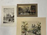 three paintings on a wall of a city street with people and buildings