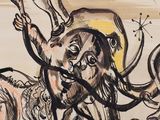 a drawing of a man riding an elephant with a hat on
