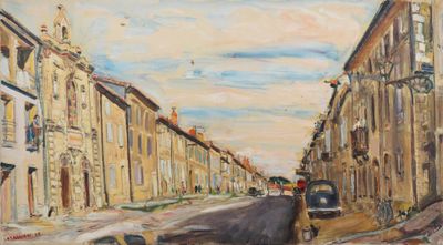 un tableau représentant une scène de rue avec des voitures et des bâtiments