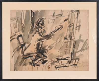 drawing of a man sitting in a chair in a room