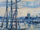 an oil painting of a sailboat in a harbor with a city in the background