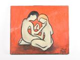 tableau représentant un homme et une femme assis sur une surface rouge