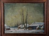 an oil painting of a snowy landscape with houses and trees in the foreground