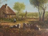 a painting of a man standing in front of a house with cows