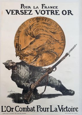 french poster depicting a soldier carrying a gold coin and a rifle