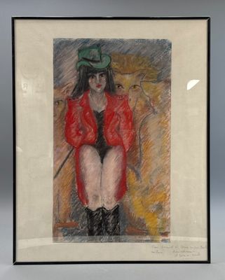 tableau représentant une femme vêtue d'un manteau rouge et d'un chapeau, assise sur une chaise