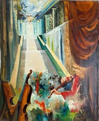 an oil painting of a violin and violin players in front of a building