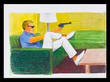 drawing of a man sitting on a couch with a gun in his hand