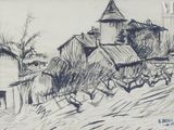 drawing of a village with a church and a steeple in the background