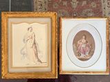 two framed pictures of women on display in a glass case