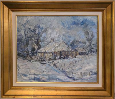 une peinture à l'huile représentant un paysage enneigé avec une maison en arrière-plan