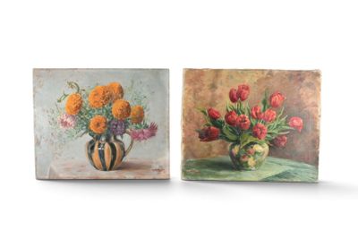 tableau représentant un vase de fleurs et un vase de fleurs posé sur une table